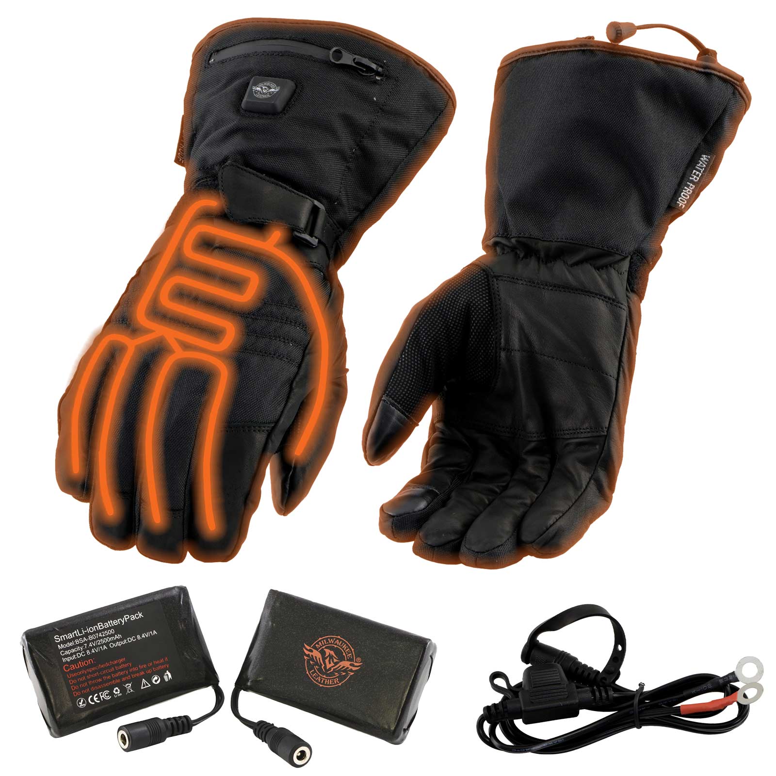 Milwaukee Leather MG17501SET Men’s Heated Black Leather/Textile Winter Gloves /Harness Wire and i-Touch
