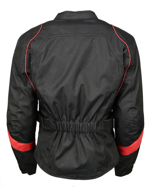 M Boss Motorcycle Apparel BOS22706 Women's Black and Red Motorcycle Biker Nylon Racer Jacket with Armor Protection