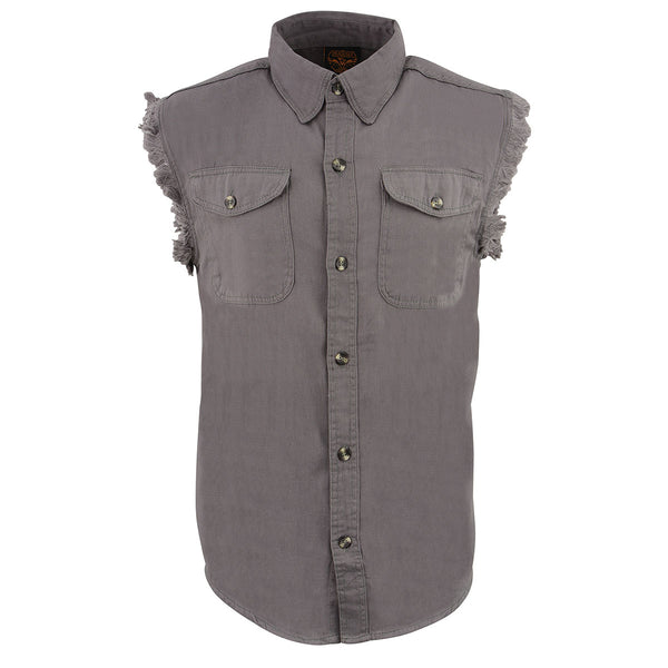 Milwaukee Leather DM4004 Men's Grey Lightweight Denim Shirt with with Frayed Cut Off Sleeveless Look
