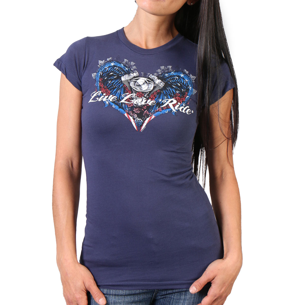 Hot Leathers GLD1297 'Live,Love, Ride' Ladies Angel Wings Navy Blue T-Shirt