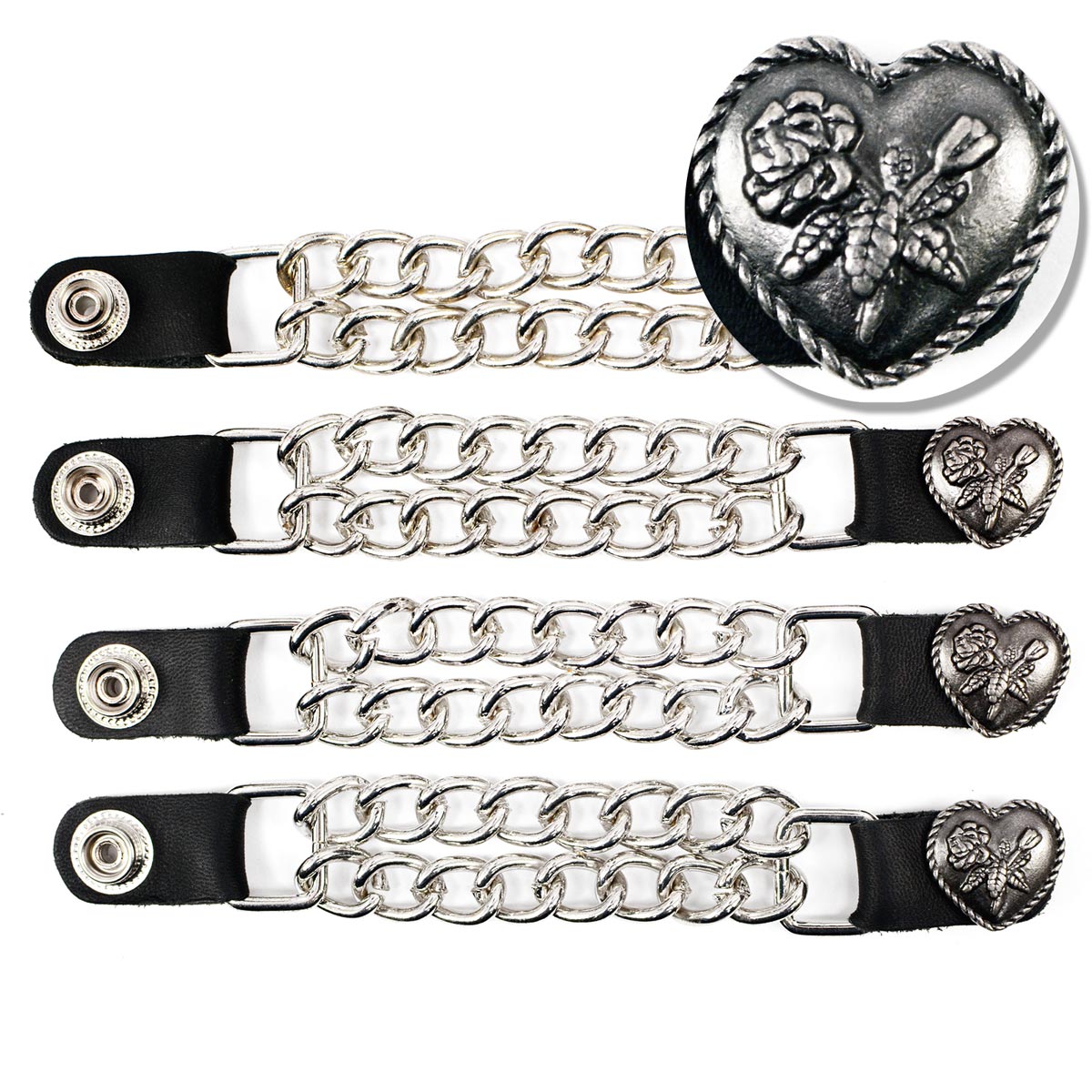 Milwaukee Leather Heart Rose Medallion Vest Extender - Double Chrome Chains Genuine Leather 6.5
