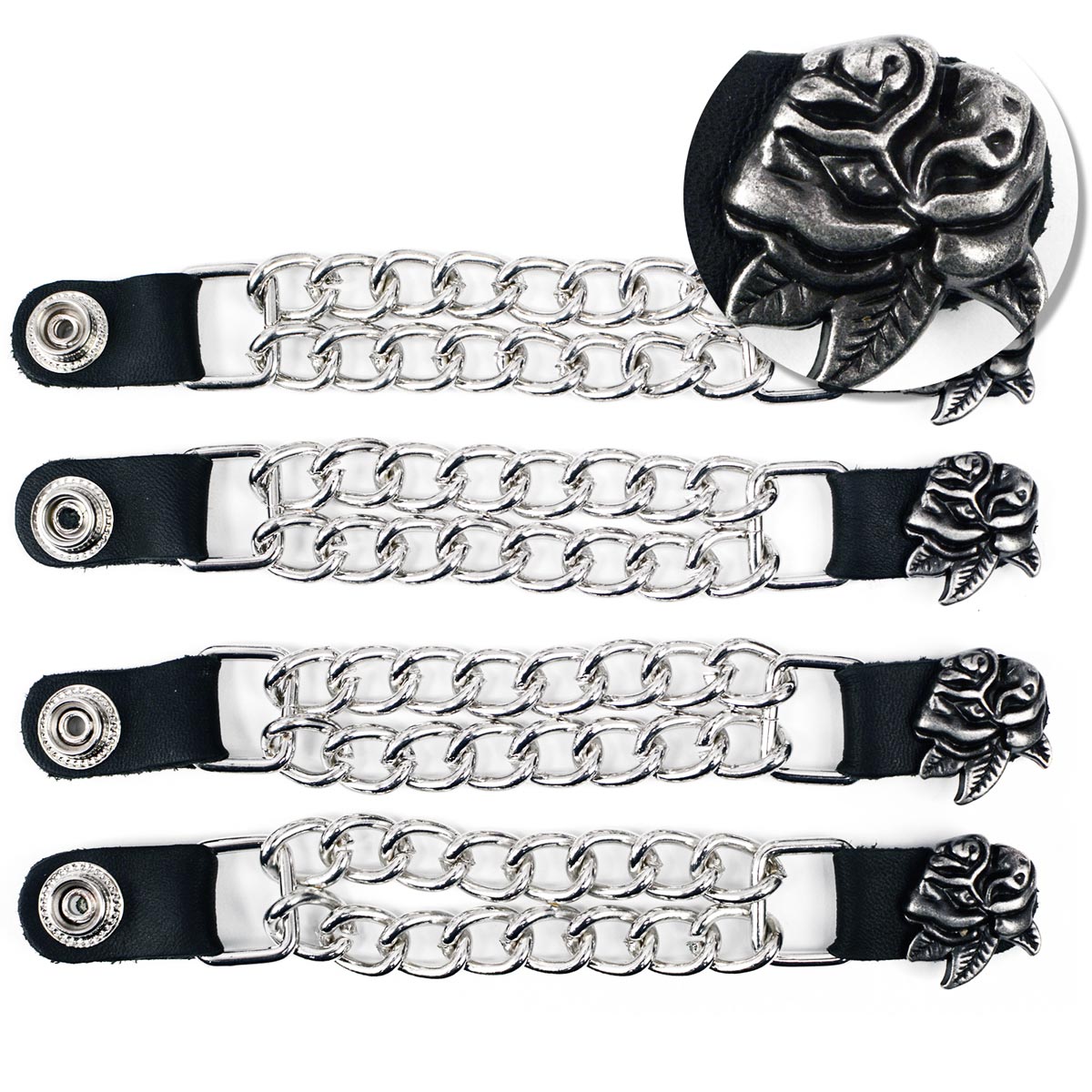 Milwaukee Leather Rose Engraving Medallion Vest Extender - Double Chrome Chains Genuine Leather 6.5