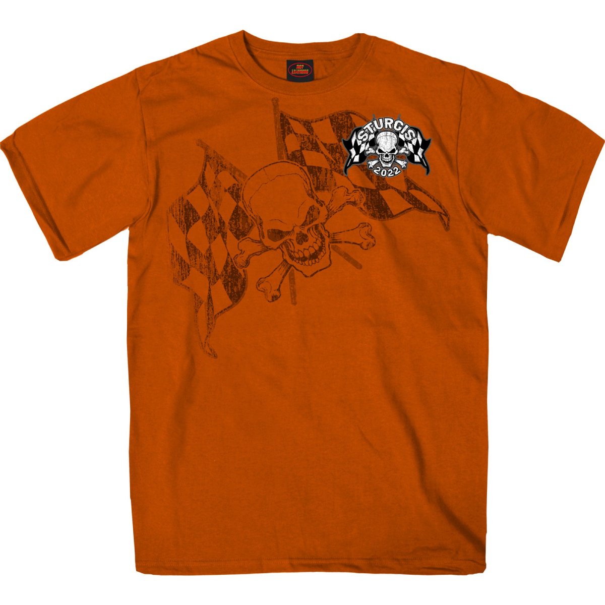 2022 Sturgis Motorcycle Rally SPB1011 Men’s Skull And Checkered Flag Orange T Shirt