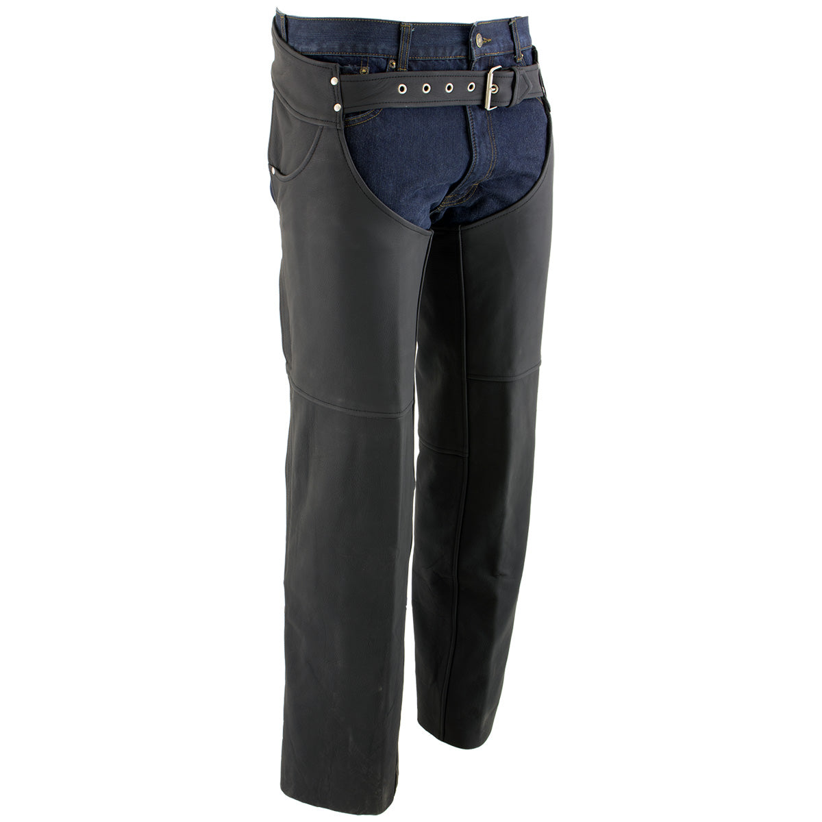 Milwaukee Leather LKM5717 Men's Flat Black Premium Leather Motorcycle Rider Biker Chaps w/ Jean Pockets