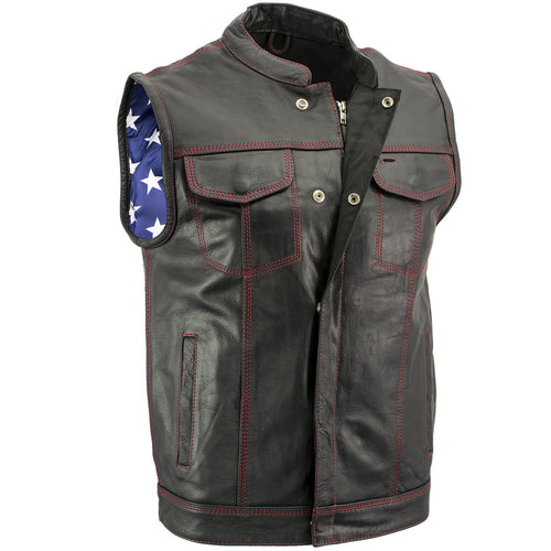 Xelement XS6665 Men's 'Old Glory' Black Leather Motorcycle Vest w/ Red Stitching and USA Inside Flag Lining