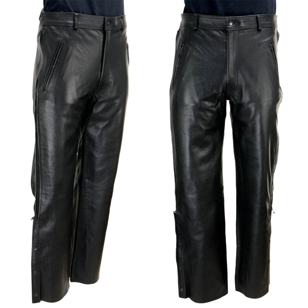 Xelement B7440 Men's Black Leather Motorcycle Over Pants with Side Zipper and Snaps