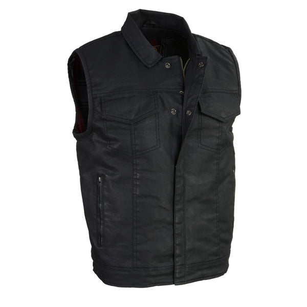 Milwaukee Leather MDM3030 Men’s Black Waxy Coated Denim Club Style Motorcycle Rider Vest w/ Shirt Collar