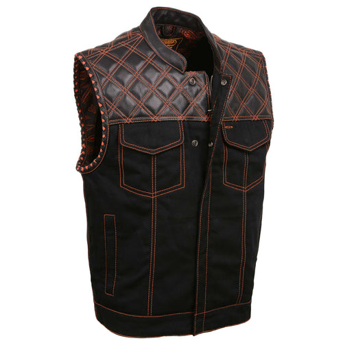 Milwaukee Leather MDM3037 Men's 'Wrecker' Black Denim and Leather Club Style Vest w/ Diamond Quilt Design