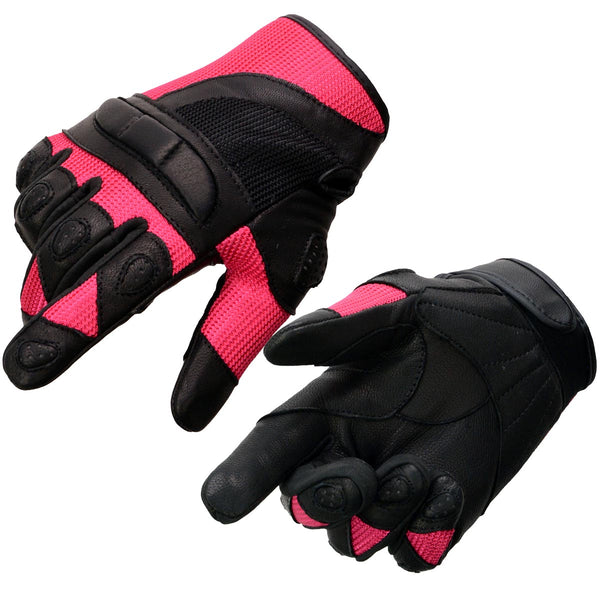 Milwaukee Leather MG7740 Women's Black Leather and Hot Pink Mesh Racing Motorcycle Gloves W/ Padded Knuckle and Fingers