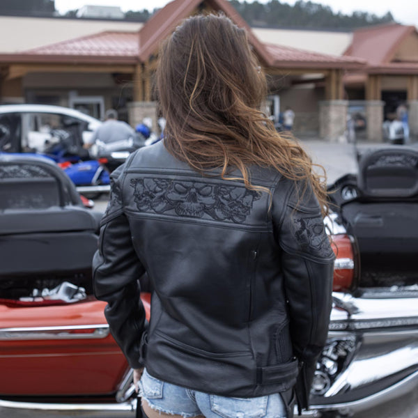 Milwaukee Leather MLL2540 Women's Crossover Black Leather Scooter Jacket Reflective Skull Graphic