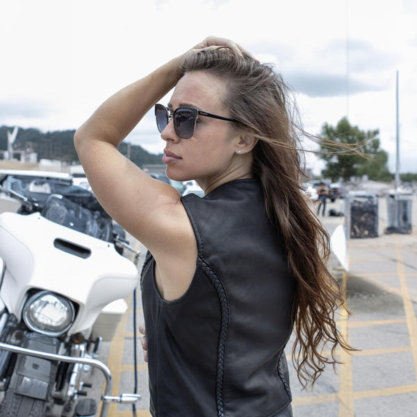 Milwaukee Leather MLL4550 Women's Black Naked Leather Classic Braided Deep V-Neck Motorcycle Rider Vest W/Front Zip