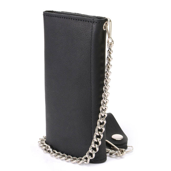 Milwaukee Leather MLW7865 Men's 7" Black Soft Premium Naked Cowhide Leather Tri Fold Wallet w/ Anti-Theft Stainless Steel Chain