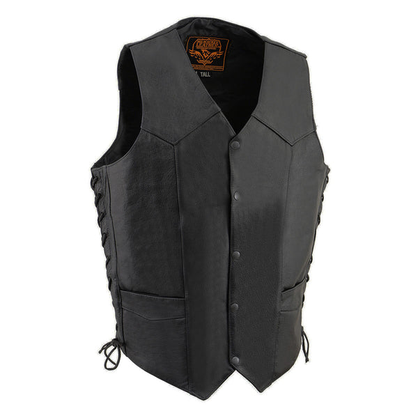 Milwaukee Leather SH1315Tall Men's Classic Black Leather V-Neck Side Lace Motorcycle Rider Vest w/ Snap Closure