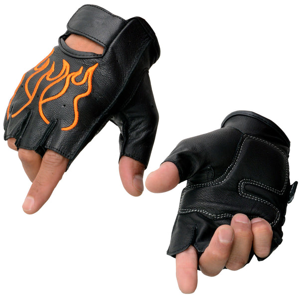 Milwaukee Leather SH198 Men's Black Leather Gel Padded Palm Fingerless Motorcycle Gloves w/ Orange Flame Embroidery