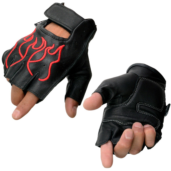 Milwaukee Leather SH198 Men's Black Leather Gel Padded Palm Fingerless Motorcycle Gloves w/ Red Flame Embroidery