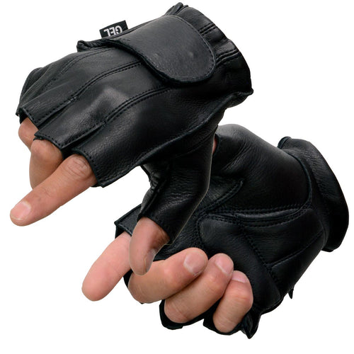 Shaf International SH850 Men's Black Leather Gel Padded Palm Fingerless Motorcycle Hand Gloves W/ Soft ‘Genuine USA Deerskin’