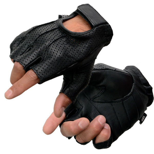 Shaf International SH877 Men's Black Leather Gel Padded Palm Fingerless Motorcycle Hand Gloves W/ ‘Welted USA Deerskin’