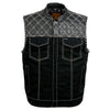 Milwaukee Leather MDM3035 Men's 'Wrecker' Black Denim and Leather Club Style Vest w/ Diamond Quilt Design