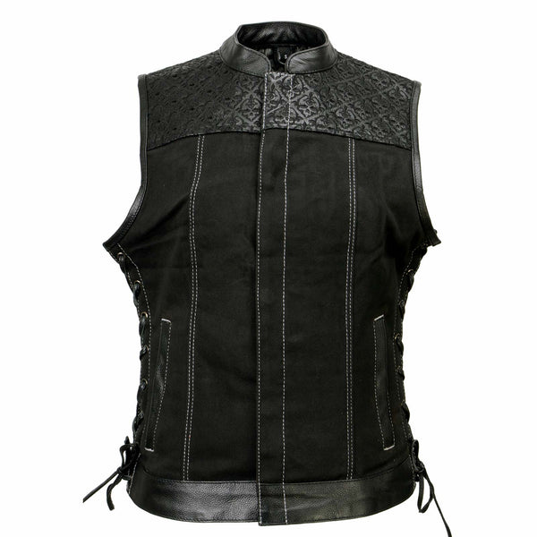 Milwaukee Leather MDL4052 Women's 'Skelly' Black Motorcycle Denim Vest w/ Skull Embroidery
