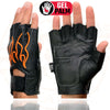 Milwaukee Leather SH198 Men's Black Leather Gel Padded Palm Fingerless Motorcycle Gloves w/ Orange Flame Embroidery