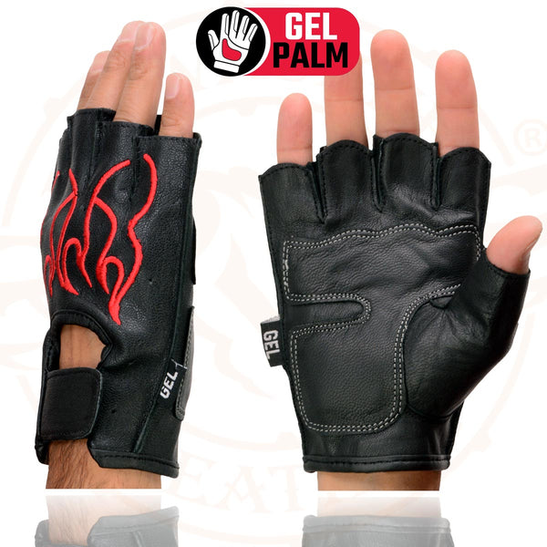 Milwaukee Leather SH198 Men's Black Leather Gel Padded Palm Fingerless Motorcycle Gloves w/ Red Flame Embroidery