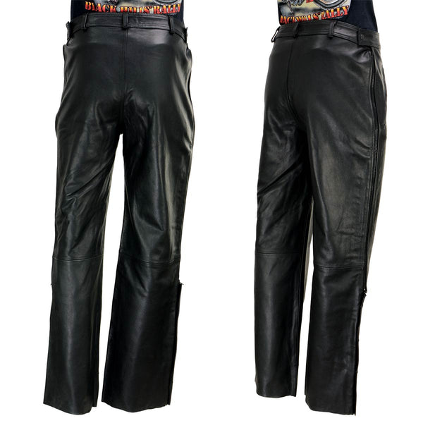 Xelement B7440 Men's Black Leather Motorcycle Over Pants with Side Zipper and Snaps