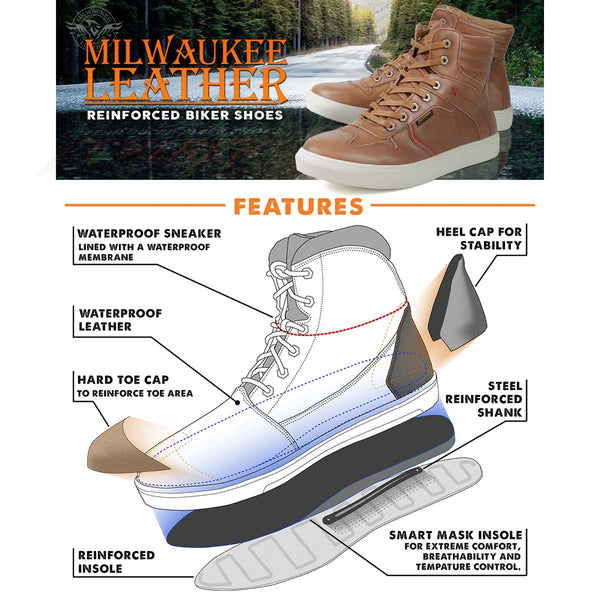 Milwaukee Leather MBM9154 Men's Cognac Leather High-Top Reinforced Street Riding Waterproof Shoes w/ Ankle Support