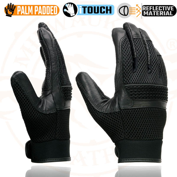 Milwaukee Leather MG7503 Men's Black Leather  i-Touch Screen Compatible Mesh Racing Motorcycle Hand Gloves W/ Reflector