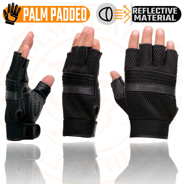 Milwaukee Leather MG7504 Men's Black Perforated Mesh Gel Palm Fingerless Motorcycle Hand Gloves W/ ‘Reflective Piping’