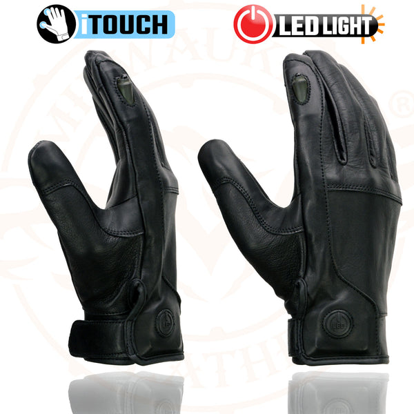 Milwaukee Leather MG7599 Men's Black Leather with i-Touch Screen Led Finger Light Motorcycle Hand Gloves