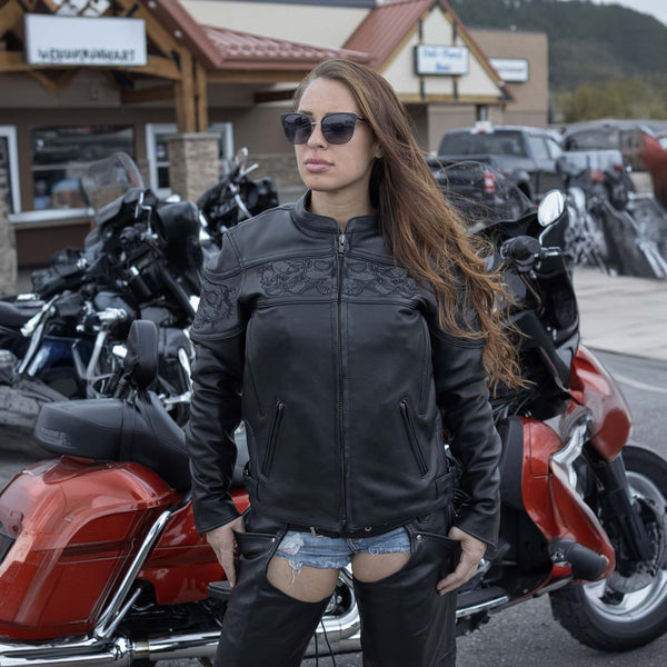 Milwaukee Leather MLL2540 Women's Crossover Black Leather Scooter Jacket Reflective Skull Graphic