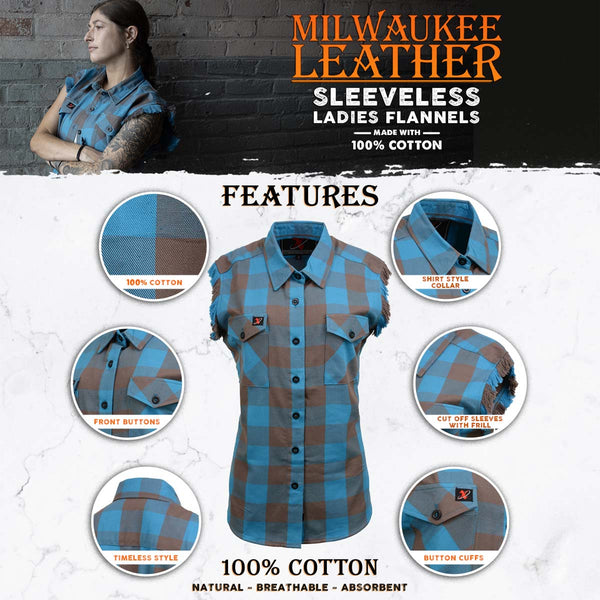 Milwaukee Leather MNG21623 Women's Flannel Brown/Aqua Button Down Sleeveless Cut Off Shirt w/ Frill Arm