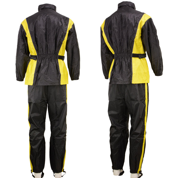 Xelement RN4782 Men's Black and Yellow 2-Piece Motorcycle Rain Suit with Boot Strap
