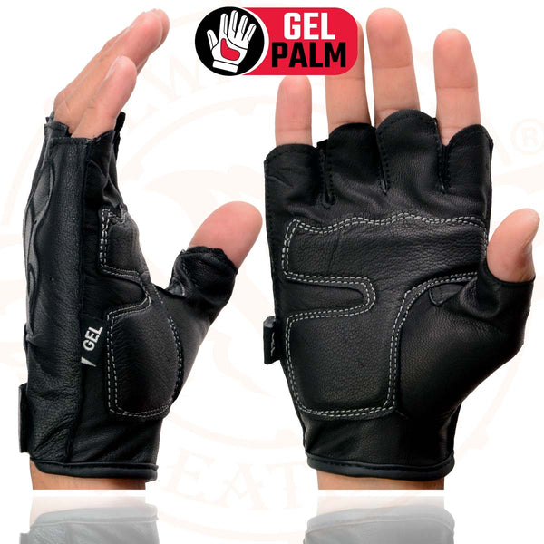 Milwaukee Leather SH198 Men's Black Leather Gel Padded Palm Fingerless Motorcycle Hand Gloves W/ ‘Black Flame Embroidered’