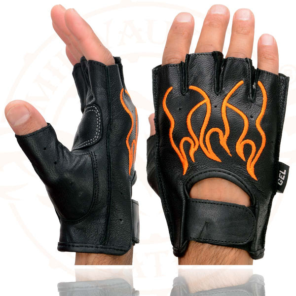 Milwaukee Leather SH198 Men's Black Leather Gel Padded Palm Fingerless Motorcycle Gloves w/ Orange Flame Embroidery