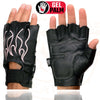 Milwaukee Leather SH198 Women's Black Leather Gel Padded Palm Fingerless Motorcycle Gloves w/ Flame Embroidery