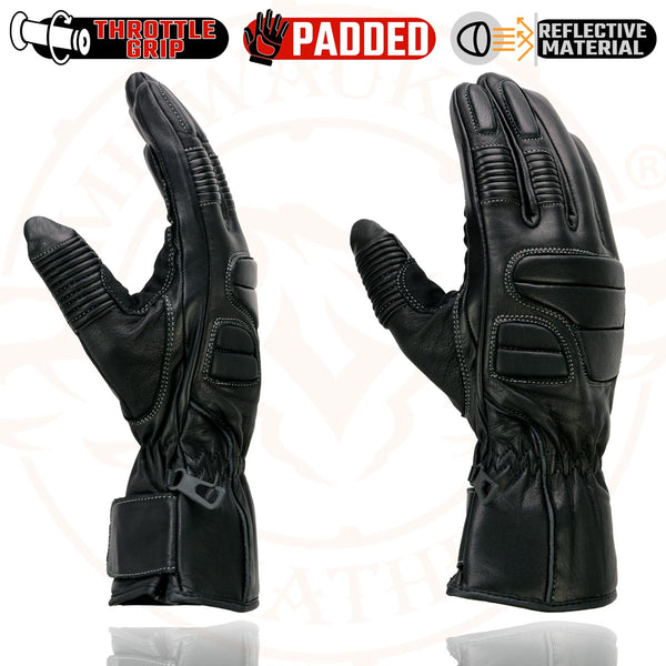 Milwaukee Leather SH607 Men's Black Leather Gauntlet Padded Back Racing Motorcycle Hand Gloves W/ Reflective Piping.