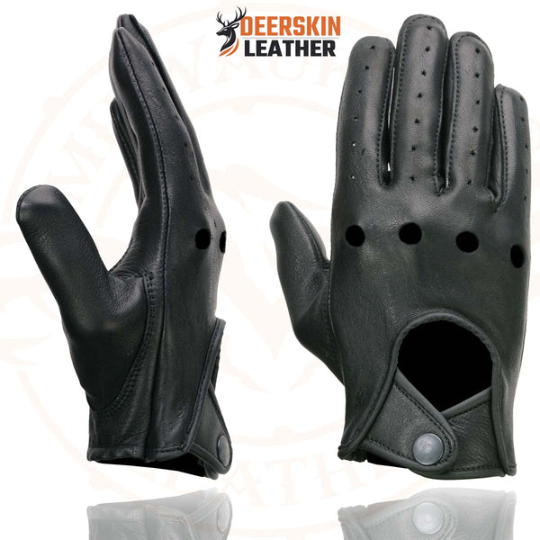 Milwaukee Leather SH869 Men's Black Perforated Deerskin Full Finger Motorcycle Hand Gloves W/ Breathable ‘Open Knuckle’