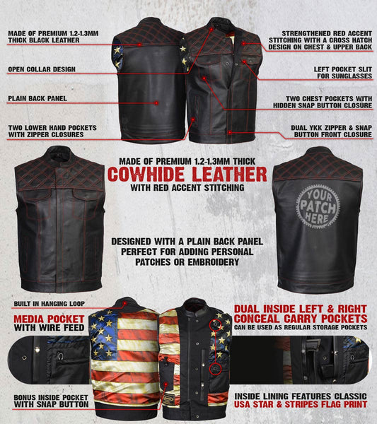 Xelement ‘Gold Series’ XS13002 Men's 'Stars and Stripes’ Black Leather Motorcycle Biker Vest with USA Flag Liner