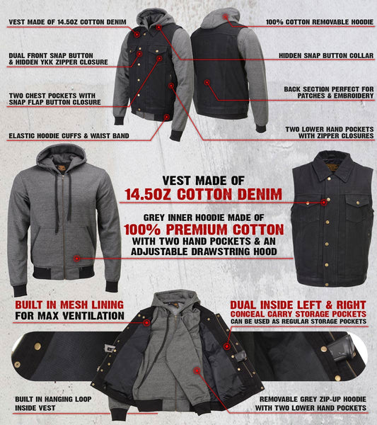 Xelement XS13051 Men's Black Denim Club Style '2-in-1' Motorcycle Vest w/ Removable Hoodie