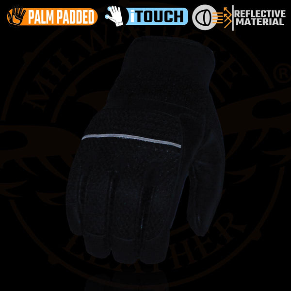 Milwaukee Leather MG7503 Men's Black Leather  i-Touch Screen Compatible Mesh Racing Motorcycle Hand Gloves W/ Reflector