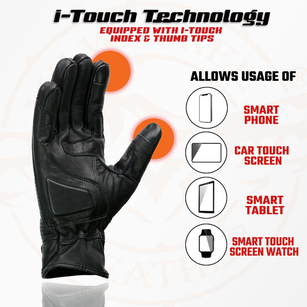 Milwaukee Leather MG7526 Men's Black Leather i-Touch Screen Compatible Gel Palm Racer Motorcycle Gloves w/ Finger Protection