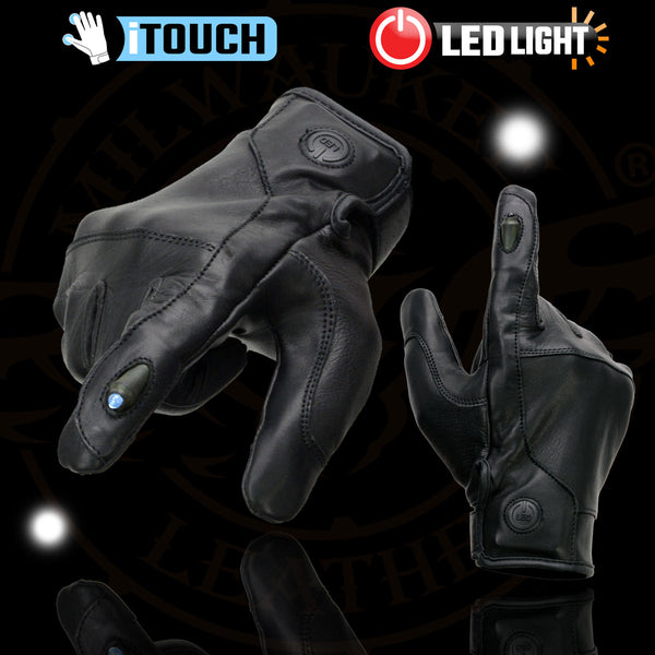 Milwaukee Leather MG7599 Men's Black Leather with i-Touch Screen Led Finger Light Motorcycle Hand Gloves