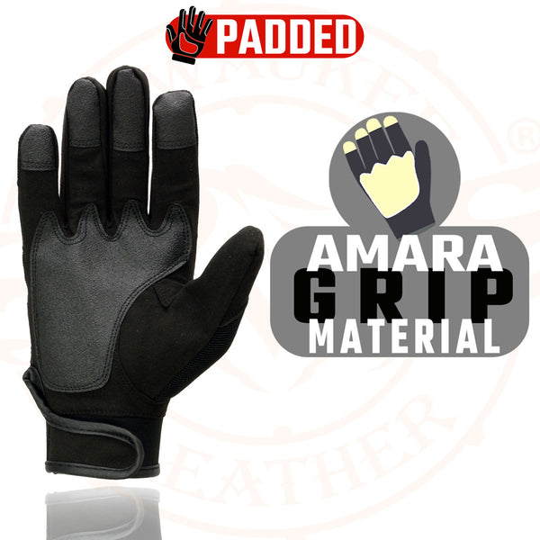 Milwaukee Leather SH761 Men's Black Textile Padded Knuckle Mechanics Gloves with Amara Palm