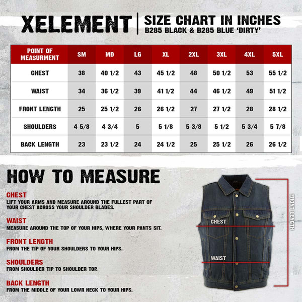 Xelement B285 Men's 'Dirty' Black Denim Motorcycle Rider Vest with Shirt Collar