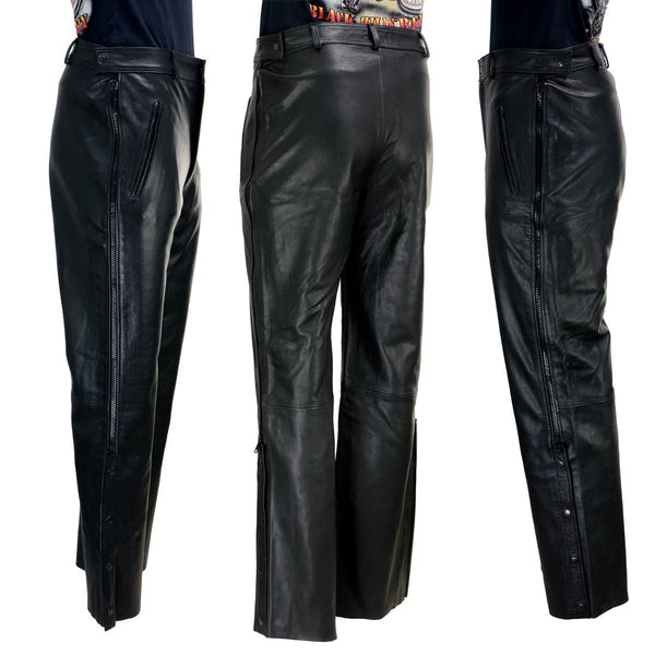 Xelement B7440 Men's Black Leather Motorcycle Over Pants with Side Zipper and Snaps