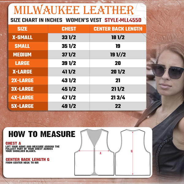 Milwaukee Leather MLL4550 Women's Black Naked Leather Classic Braided Deep V-Neck Motorcycle Rider Vest W/Front Zip