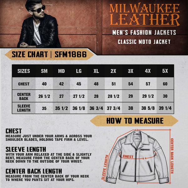 Milwaukee Leather SFM1866 Men's Classic Black Premium Leather Motorcycle Style Jacket with Zipper Front