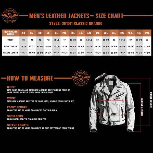 Milwaukee Leather SH1011 Men's Classic Brando Premium Leather Black Motorcycle Riders Leather Jacket w/ Side Laces