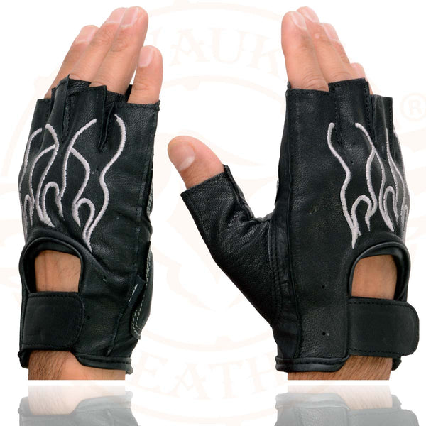 Xelement XG198 Men's Embroidered 'Flamed' Fingerless Black and Gray Motorcycle Leather Gloves